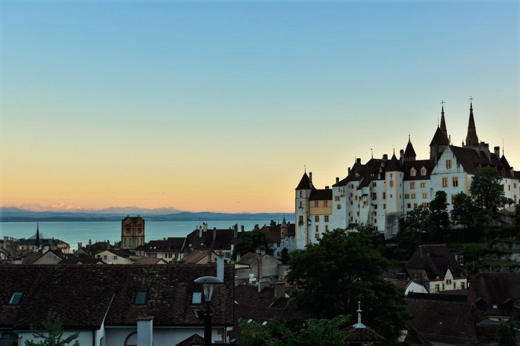 Neuchâtel, sunset, castle, Mont Blanc, Switzerland